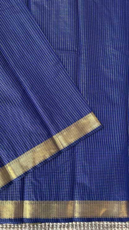 Pure Hand-Woven Checkered Tissue Silk Saree - Royal Blue