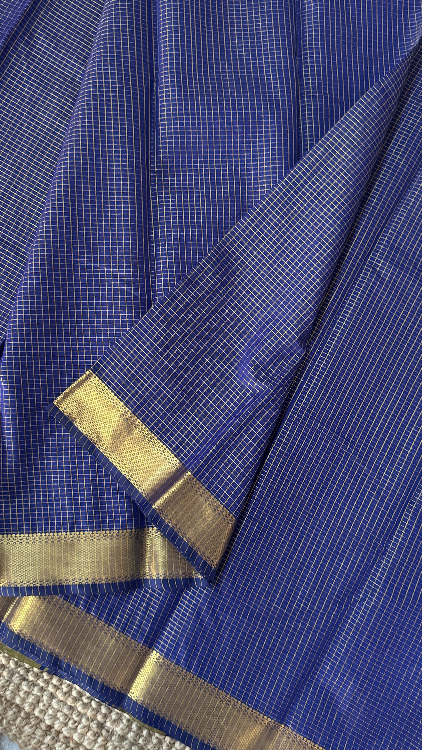 Pure Hand-Woven Checkered Tissue Silk Saree - Royal Blue