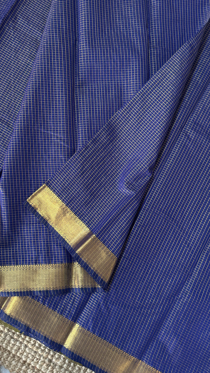 Pure Hand-Woven Checkered Tissue Silk Saree - Royal Blue