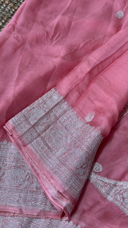 Pure Khaddi Chiffon Banarasi Silk Saree - Pink