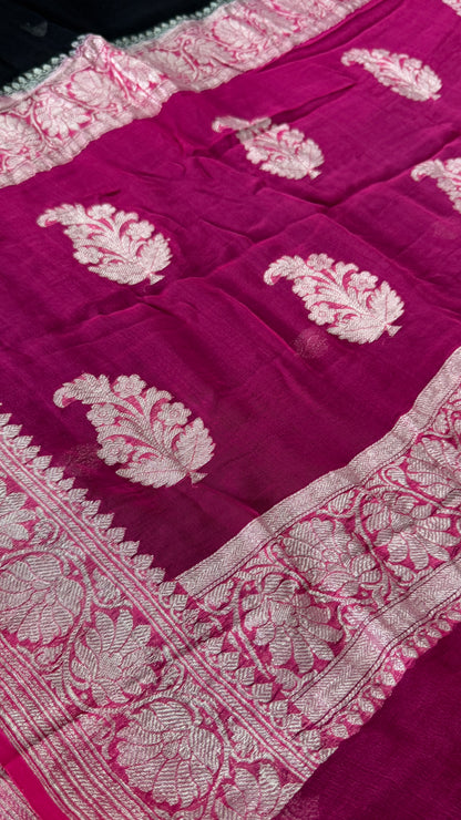 Pure Khaddi Chiffon Banarasi Silk Saree - Black and Pink