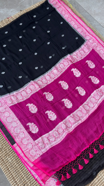 Pure Khaddi Chiffon Banarasi Silk Saree - Black and Pink