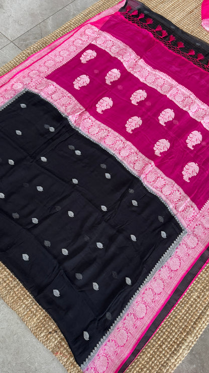 Pure Khaddi Chiffon Banarasi Silk Saree - Black and Pink
