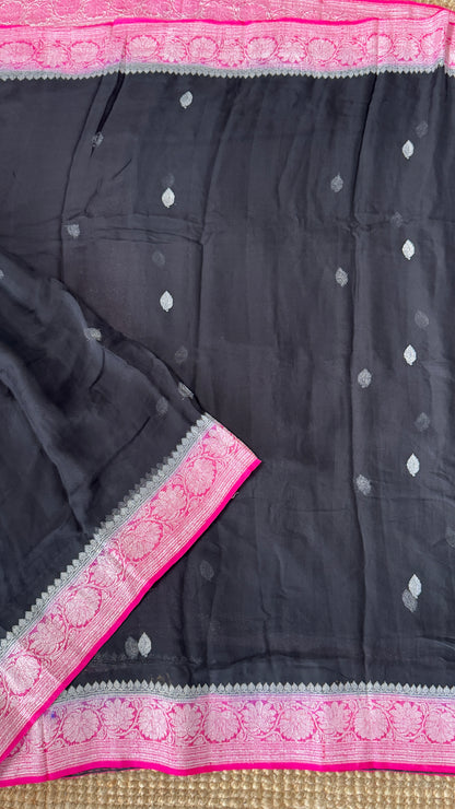 Pure Khaddi Chiffon Banarasi Silk Saree - Black and Pink