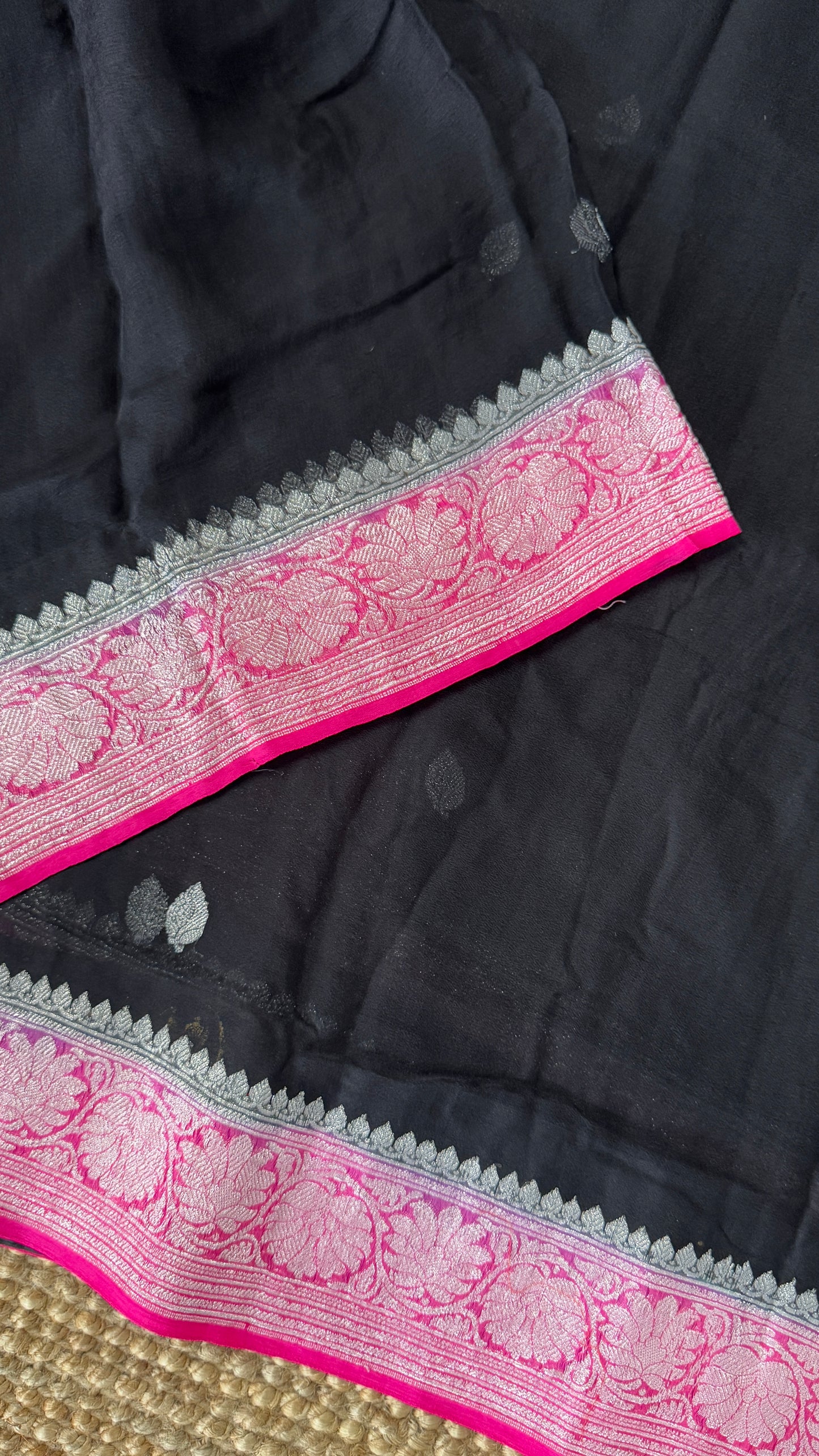 Pure Khaddi Chiffon Banarasi Silk Saree - Black and Pink