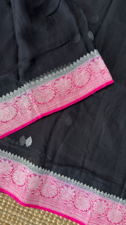Pure Khaddi Chiffon Banarasi Silk Saree - Black and Pink