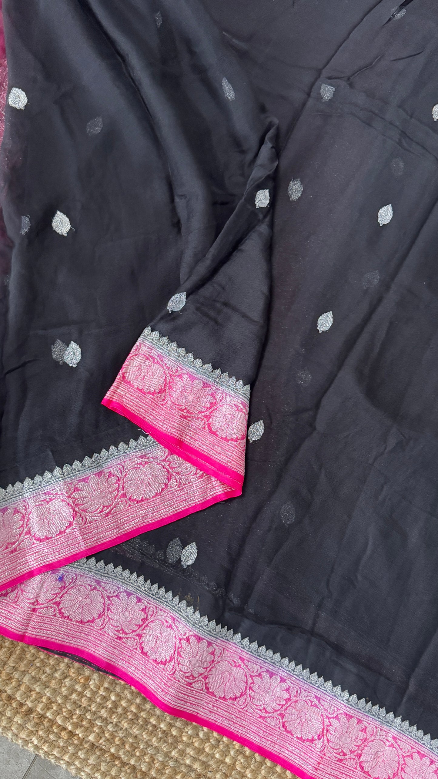 Pure Khaddi Chiffon Banarasi Silk Saree - Black and Pink