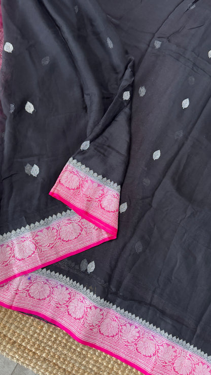 Pure Khaddi Chiffon Banarasi Silk Saree - Black and Pink