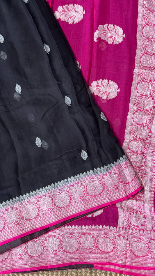 Pure Khaddi Chiffon Banarasi Silk Saree - Black and Pink