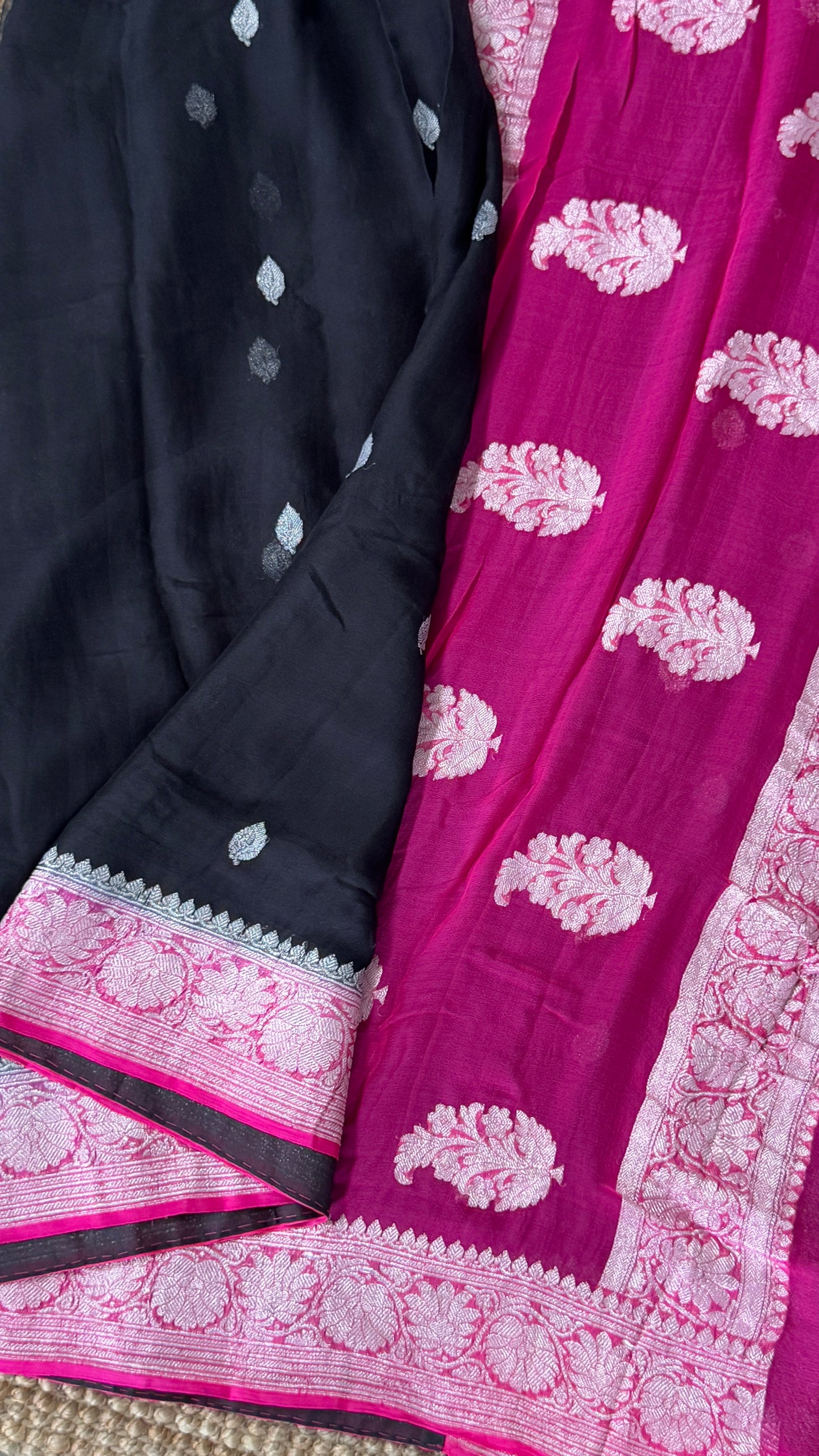 Pure Khaddi Chiffon Banarasi Silk Saree - Black and Pink