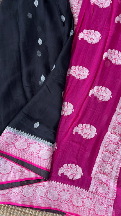 Pure Khaddi Chiffon Banarasi Silk Saree - Black and Pink