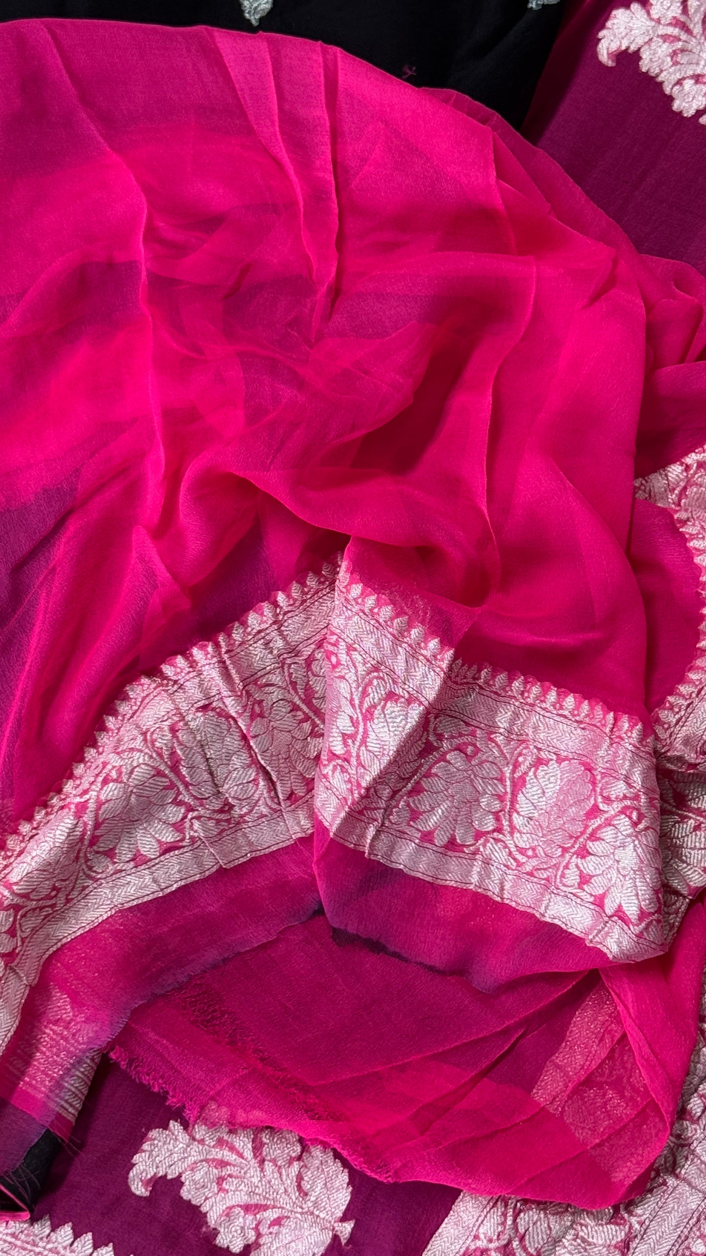 Pure Khaddi Chiffon Banarasi Silk Saree - Black and Pink