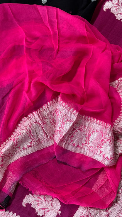 Pure Khaddi Chiffon Banarasi Silk Saree - Black and Pink