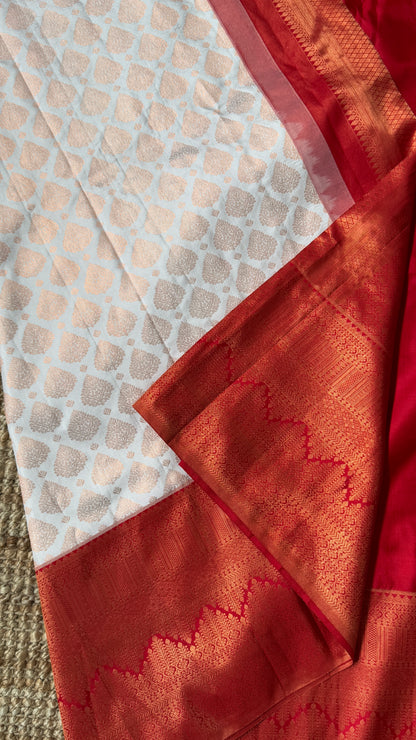 White & Deep Red Bridal Pure Kanchipuram Silk Saree | Silk Mark Certified