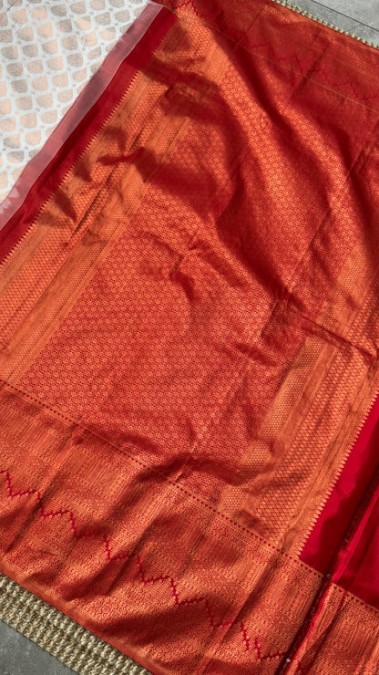 White & Deep Red Bridal Pure Kanchipuram Silk Saree | Silk Mark Certified