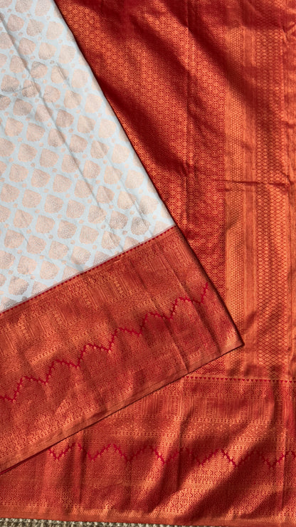 White & Deep Red Bridal Pure Kanchipuram Silk Saree | Silk Mark Certified