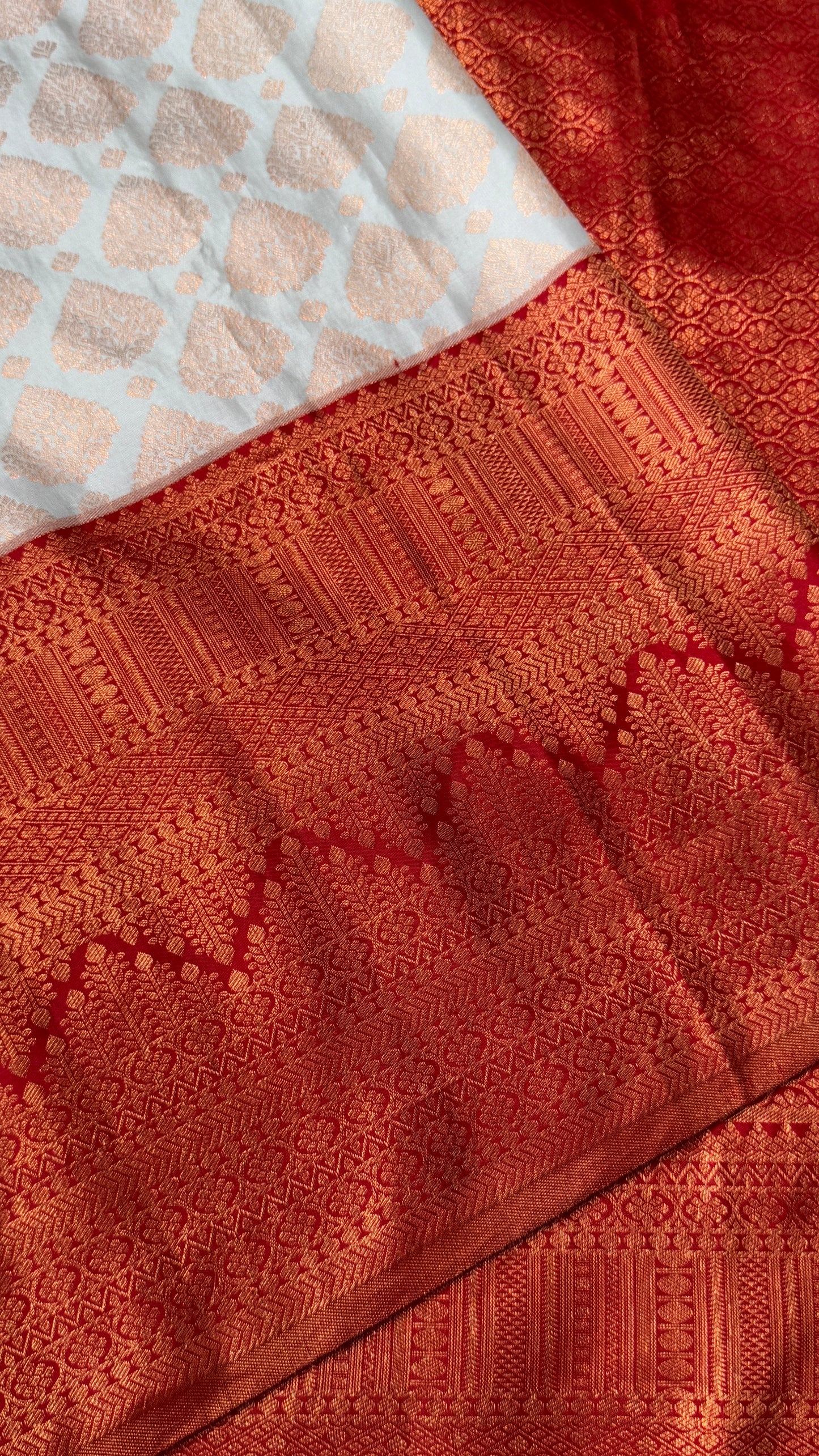 White & Deep Red Bridal Pure Kanchipuram Silk Saree | Silk Mark Certified
