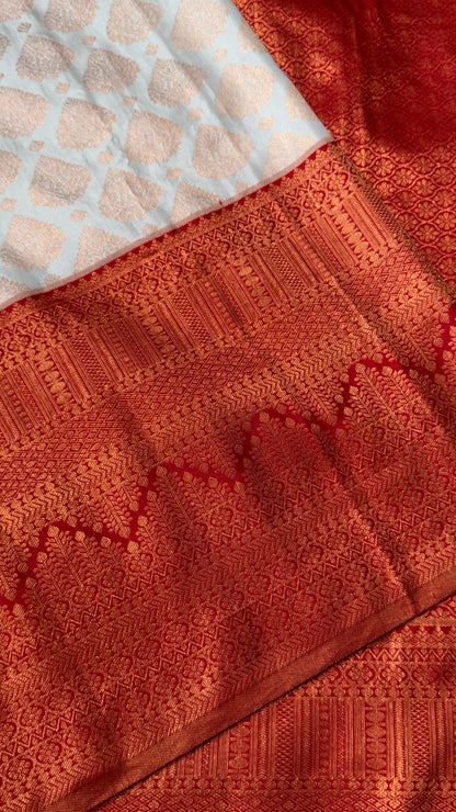White & Deep Red Bridal Pure Kanchipuram Silk Saree | Silk Mark Certified