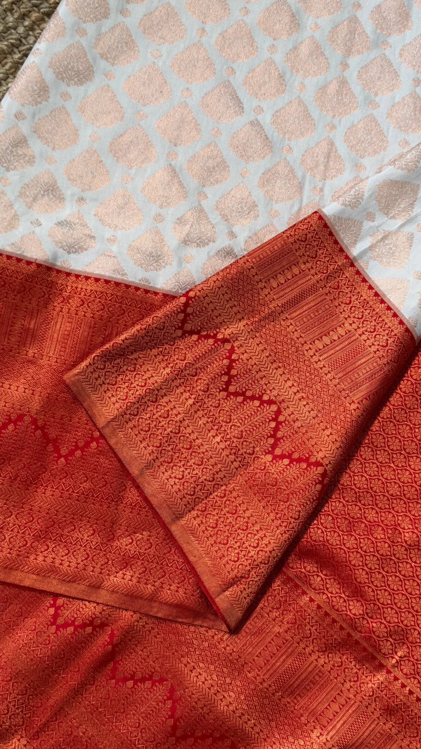 White & Deep Red Bridal Pure Kanchipuram Silk Saree | Silk Mark Certified