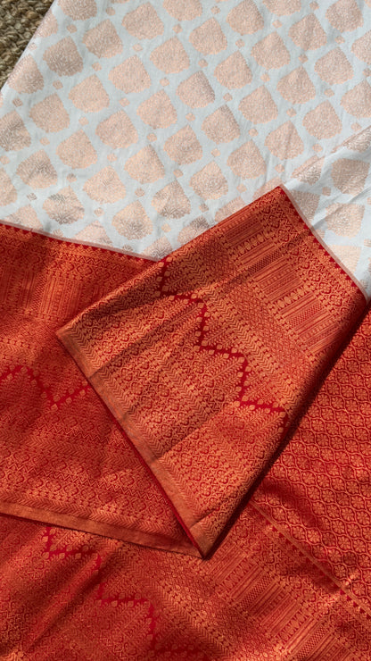 White & Deep Red Bridal Pure Kanchipuram Silk Saree | Silk Mark Certified