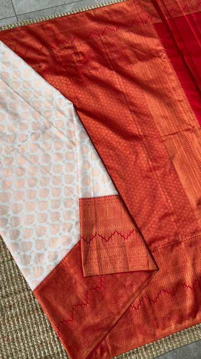 White & Deep Red Bridal Pure Kanchipuram Silk Saree | Silk Mark Certified