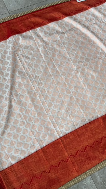 White & Deep Red Bridal Pure Kanchipuram Silk Saree | Silk Mark Certified