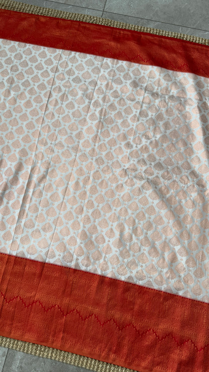 White & Deep Red Bridal Pure Kanchipuram Silk Saree | Silk Mark Certified