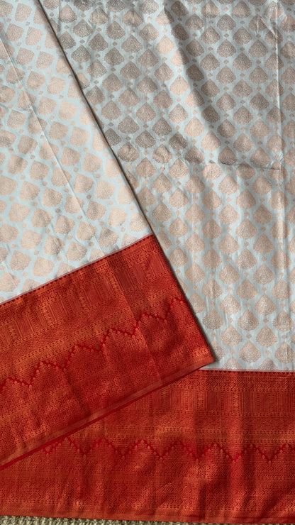 White & Deep Red Bridal Pure Kanchipuram Silk Saree | Silk Mark Certified