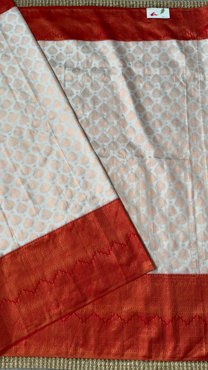 White & Deep Red Bridal Pure Kanchipuram Silk Saree | Silk Mark Certified