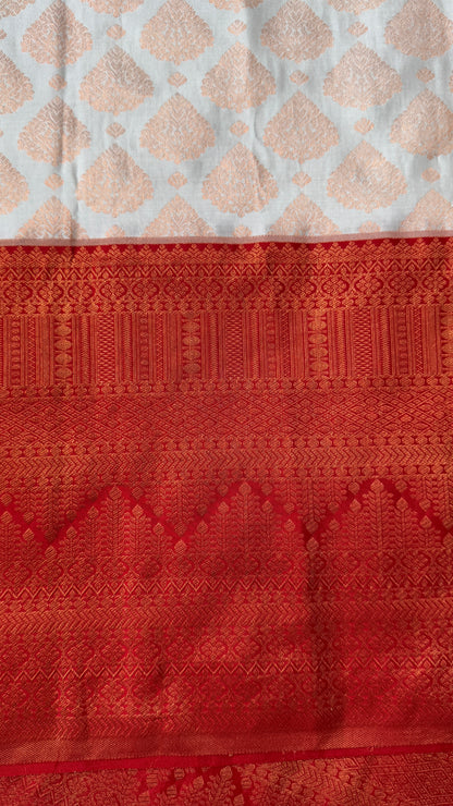 White & Deep Red Bridal Pure Kanchipuram Silk Saree | Silk Mark Certified