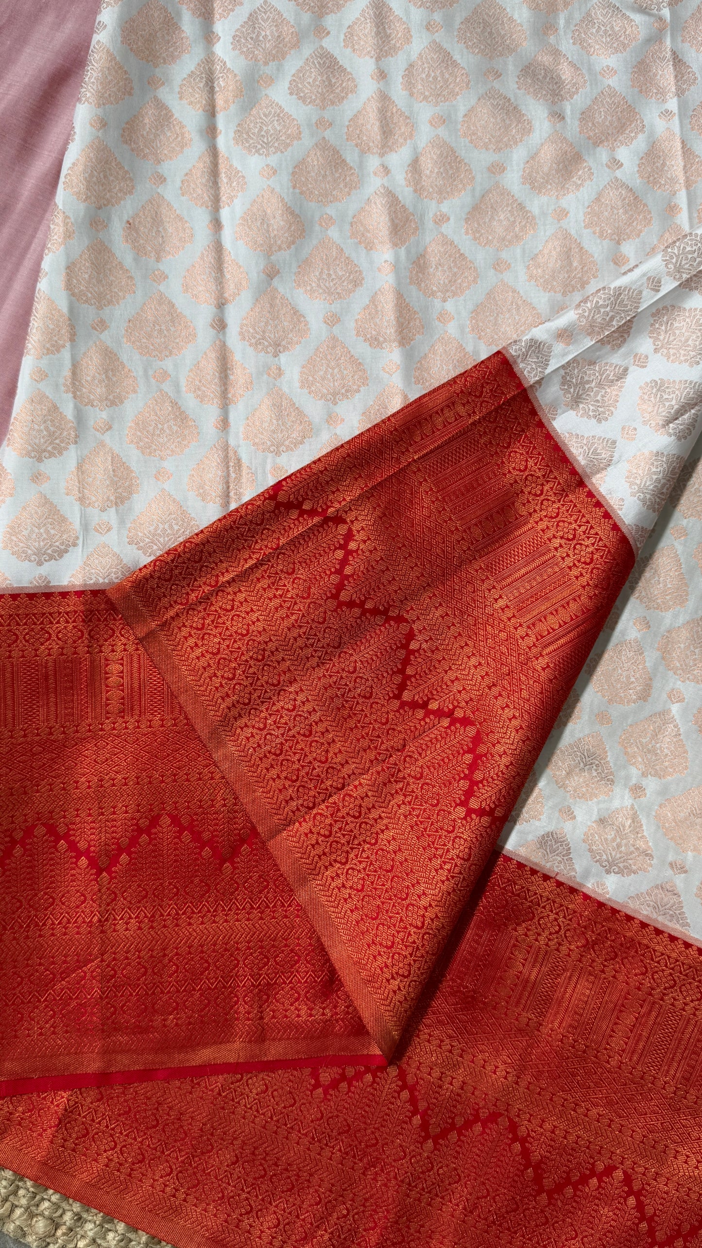 White & Deep Red Bridal Pure Kanchipuram Silk Saree | Silk Mark Certified