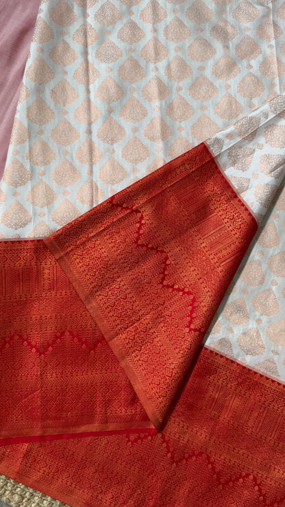 White & Deep Red Bridal Pure Kanchipuram Silk Saree | Silk Mark Certified