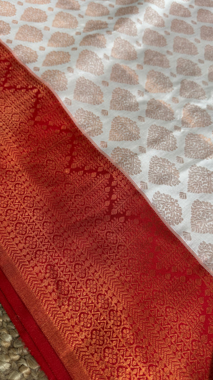 White & Deep Red Bridal Pure Kanchipuram Silk Saree | Silk Mark Certified
