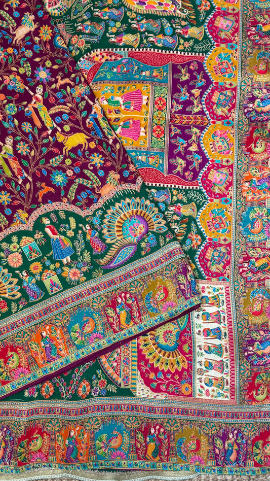 Kashmiri Pashmina Banarasi Sarees - Wine & Teal