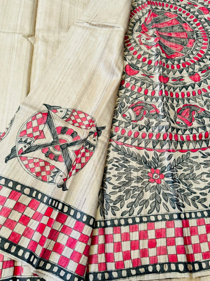 PURE TUSSAR SILK – HANPAINTED MADHUBHANI PRINT|Silk Mark Certified