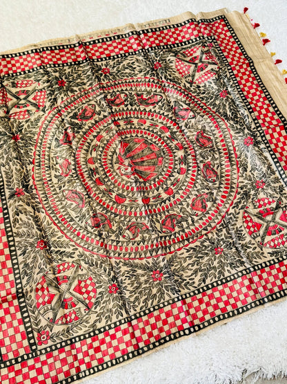 PURE TUSSAR SILK – HANPAINTED MADHUBHANI PRINT|Silk Mark Certified