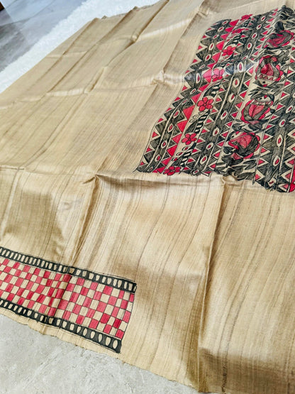 PURE TUSSAR SILK – HANPAINTED MADHUBHANI PRINT|Silk Mark Certified