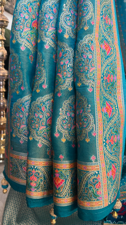 Lehariya Kashmiri Pashmina Saree - Teal