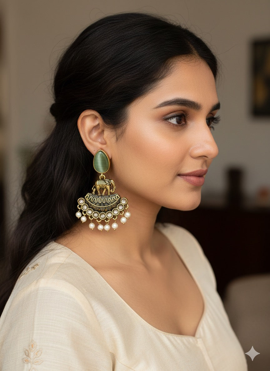 Gorgeous Designer Elephant Hangings Set - Mint Green Stone with Pearl drops