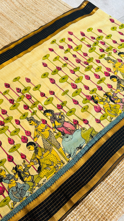 Handpainted Pen Kalamkari art on Pure Bangalore Silk
