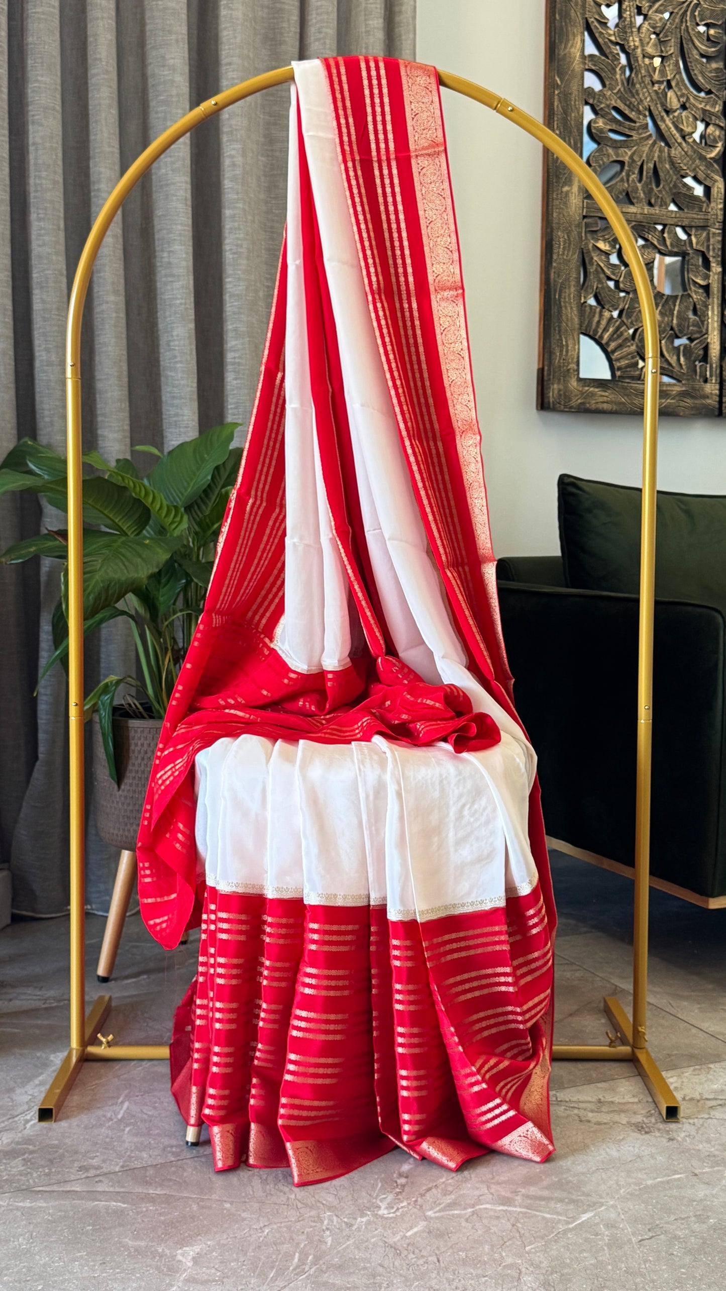 Crepe silk saree – White and Red