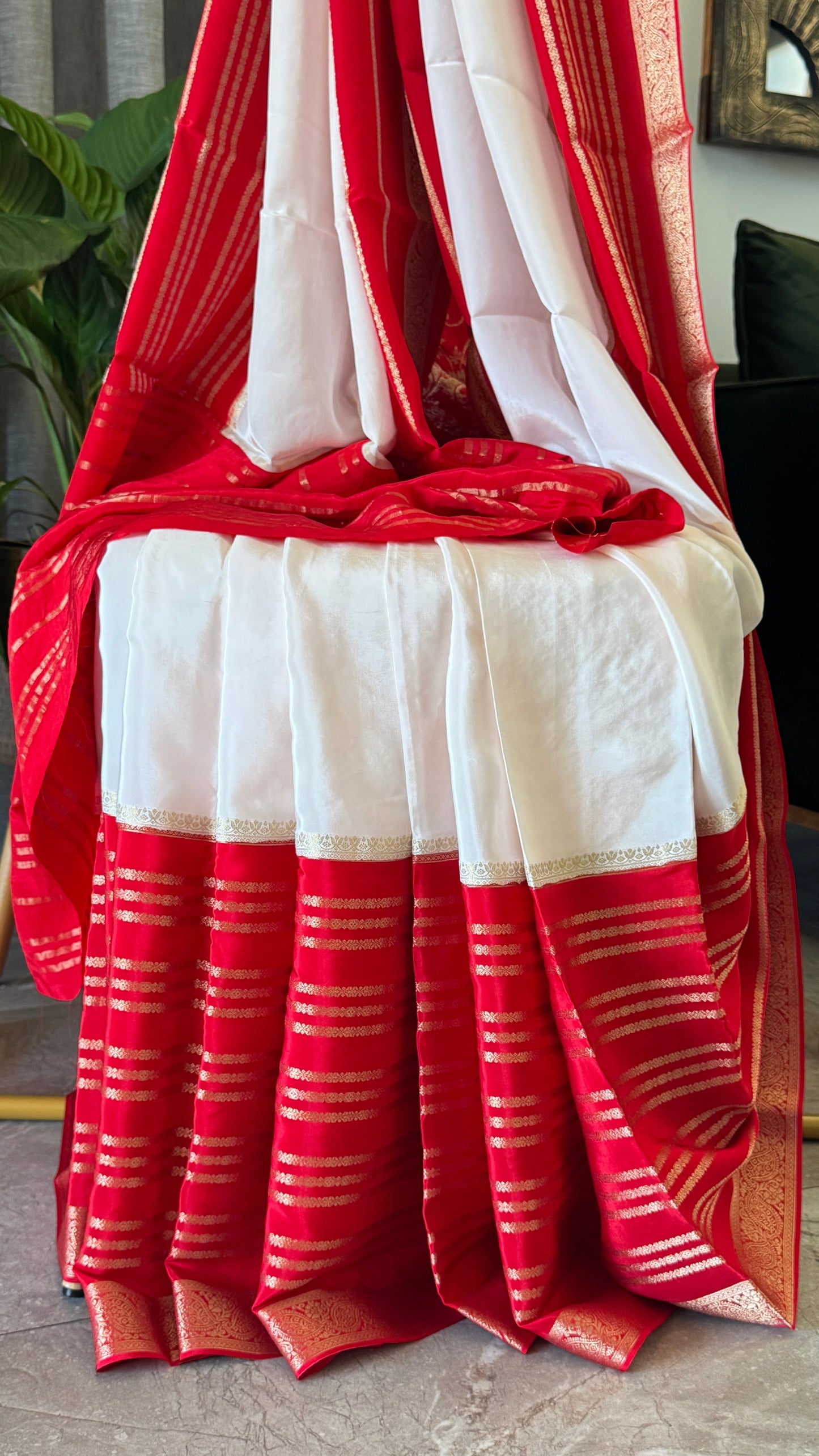Crepe silk saree – White and Red