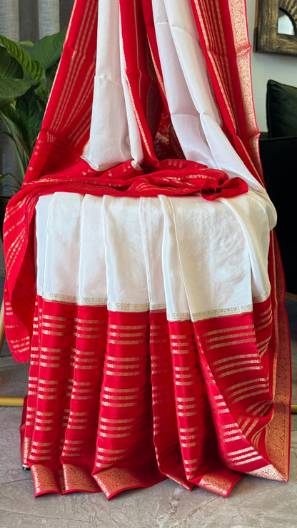 Crepe silk saree – White and Red