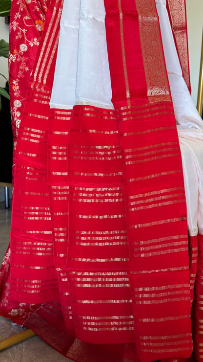 Crepe silk saree – White and Red