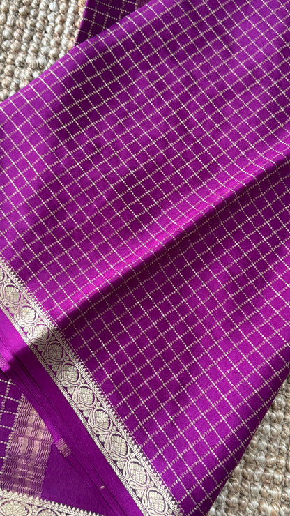 Pure Mysore Crepe Checkered Silk Sarees - Purple