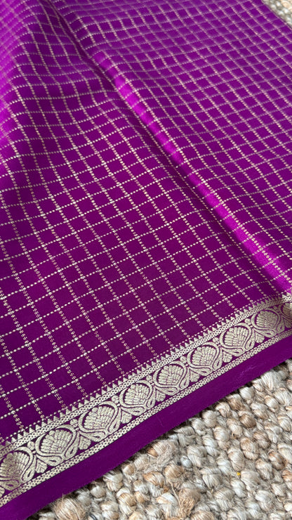 Pure Mysore Crepe Checkered Silk Sarees - Purple