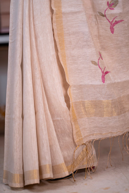 Tissue Linen Saree with Tassles - Half White