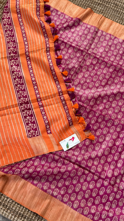 Handloom Giccha silk saree – Ajrakh block prints - Pink and Orange Combo