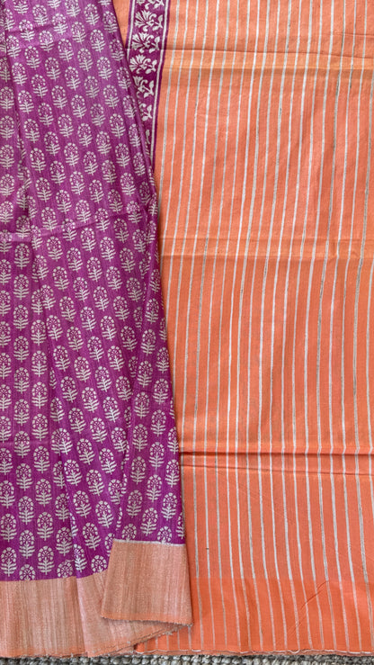 Handloom Giccha silk saree – Ajrakh block prints - Pink and Orange Combo