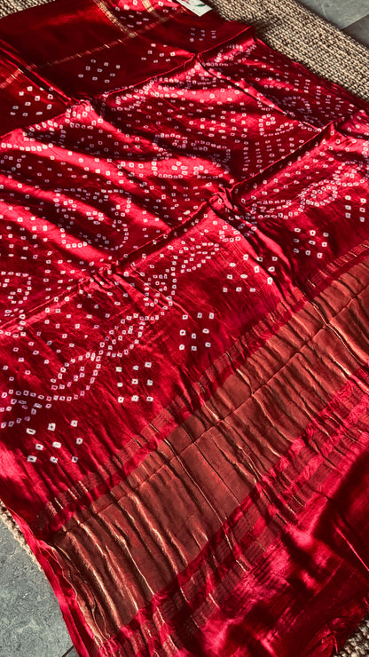 Tie & Dye Handknotted Gharchola Bandhej Pure Gajji Silk Saree - Red